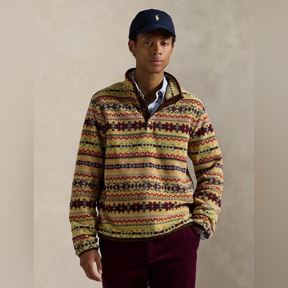 Polo Ralph Lauren Fair Isle-Inspired Fleece Pullover Camel Combo Jacket Sz Large